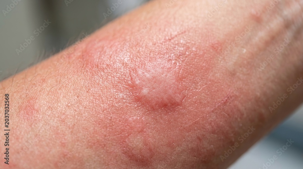 Fototapeta premium Extreme macro skin rash close up with irritated red hives dermatology medical texture detail