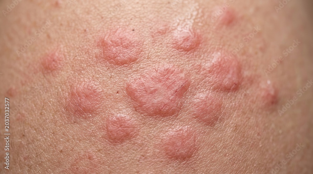 Fototapeta premium Extreme macro skin rash close up with irritated red hives dermatology medical texture detail