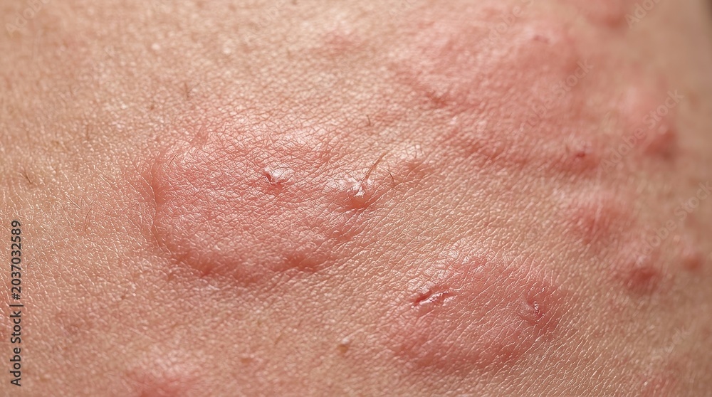 Fototapeta premium Extreme macro skin rash close up with irritated red hives dermatology medical texture detail