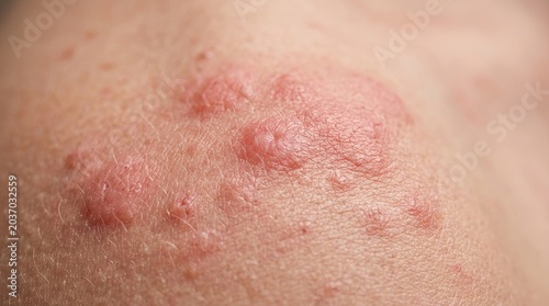 Extreme macro skin rash close up with irritated red hives dermatology medical texture detail