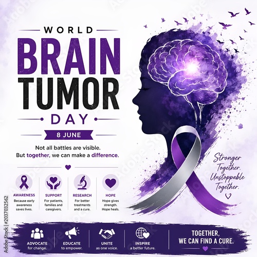 World brain tumor day informational flyer featuring neural network and ribbon awareness neurology research patients wellness clinical