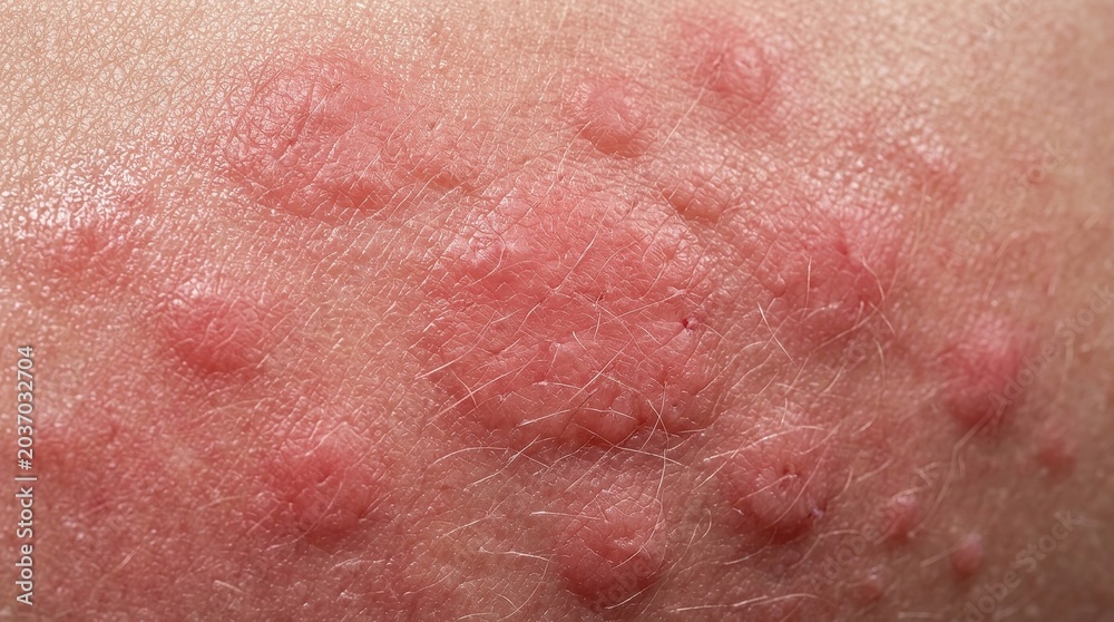 Fototapeta premium Extreme macro skin rash close up with irritated red hives dermatology medical texture detail