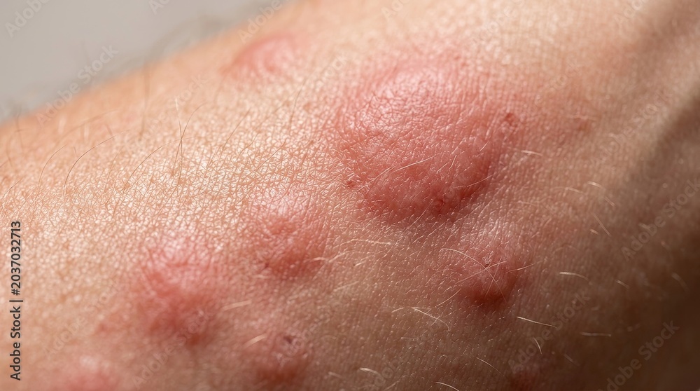 Fototapeta premium Extreme macro skin rash close up with irritated red hives dermatology medical texture detail