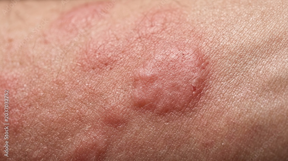 Fototapeta premium Extreme macro skin rash close up with irritated red hives dermatology medical texture detail