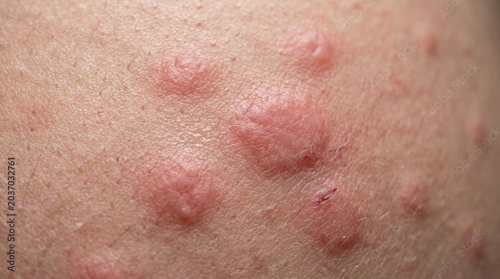 Fototapeta premium Extreme macro skin rash close up with irritated red hives dermatology medical texture detail
