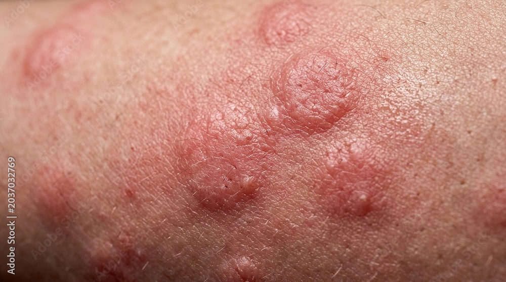 Fototapeta premium Extreme macro skin rash close up with irritated red hives dermatology medical texture detail
