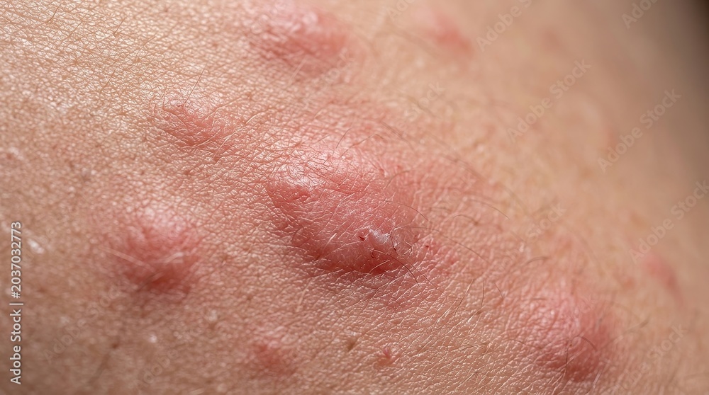 Fototapeta premium Extreme macro skin rash close up with irritated red hives dermatology medical texture detail