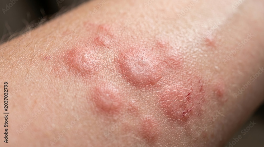 Fototapeta premium Extreme macro skin rash close up with irritated red hives dermatology medical texture detail