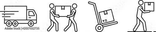 Foto Logistics and delivery icons set, cargo truck, box handling, hand trolley transp