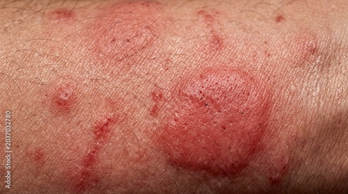 Extreme macro skin rash close up with irritated red hives dermatology medical texture detail
