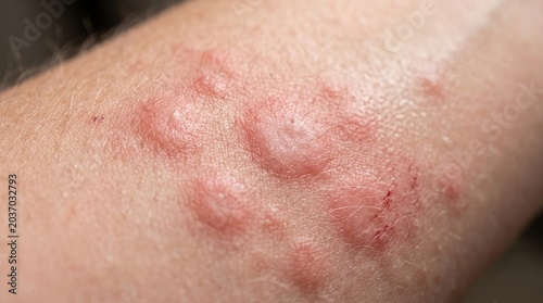 Extreme macro skin rash close up with irritated red hives dermatology medical texture detail