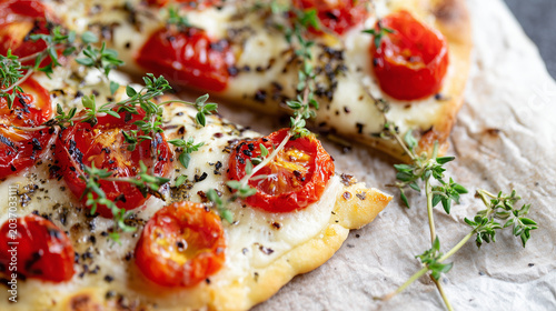 Vegetarian pizza with cherry tomatoes and melted mozzarella, garnished with fresh herbs.