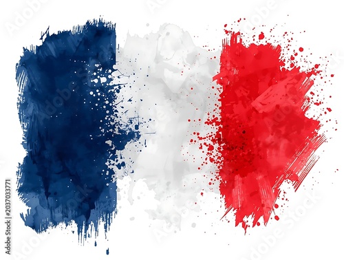 Artistic watercolor splashes forming the tricolor French flag on white