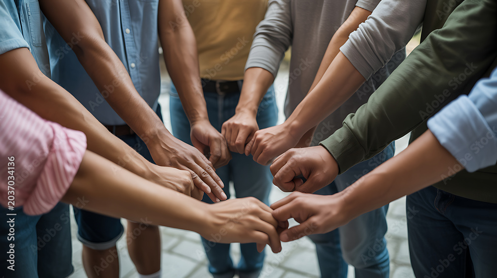 Fototapeta premium Group of people joining hands in circle symbolizing growth and future success