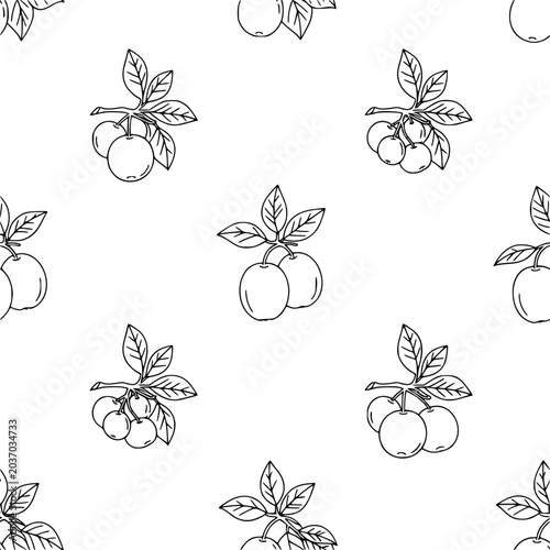 Seamless Pattern of Hand Drawn Berries and Leaves Line Art