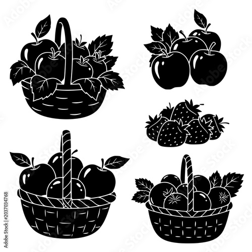 Set of fruit basket and apple silhouette vector icons for harvest theme