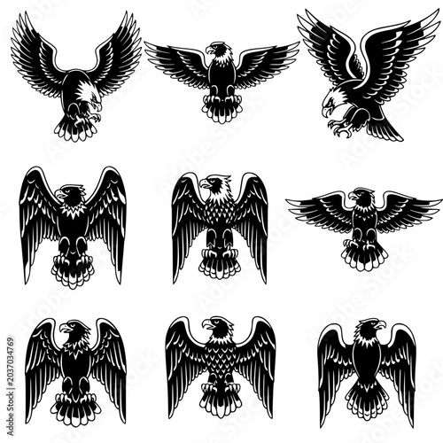 Set of Nine Heraldic Eagle Mascot Logo Vector Illustrations
