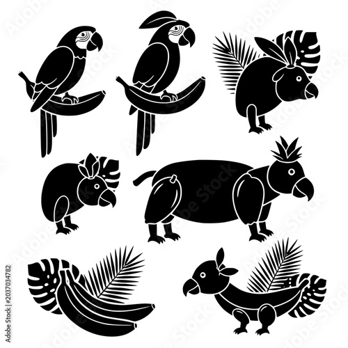 Silhouette set of tropical parrots animals and exotic fruits