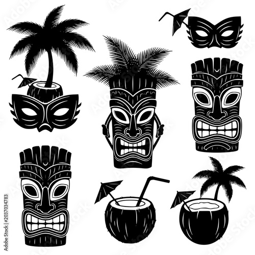 Tiki Mask and Tropical Coconut Drink Silhouette Vector Set
