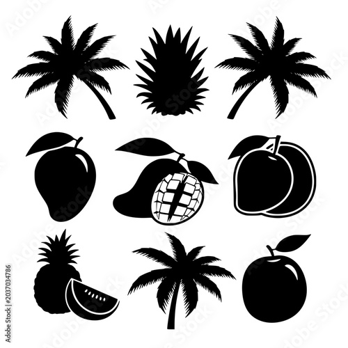 Tropical fruit and palm tree silhouette icon set