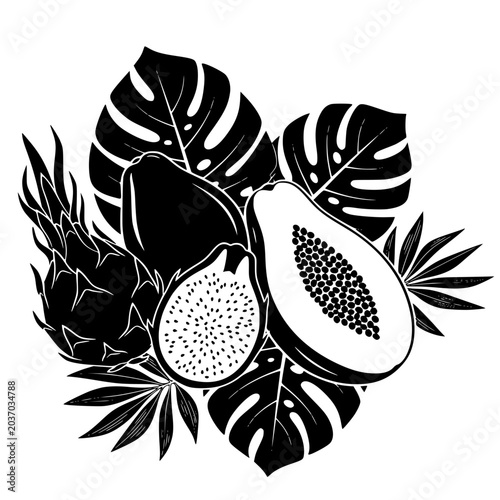 Tropical Fruit Composition with Papaya Dragon Fruit and Monstera Leaves Silhouette