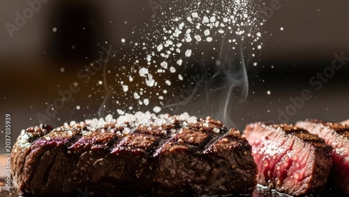 Seasoning a Grilled Beef Steak with Coarse Sea Salt.