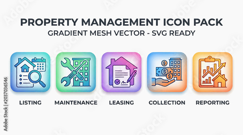 A vibrant illustration of property management icons in a gradient mesh vector style for leasing, maintenance, and collection in a modern setting.
