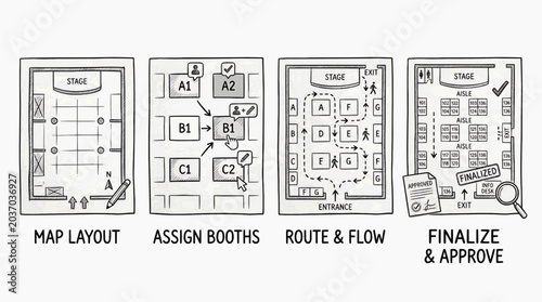 Event planners create a map layout, assign booths, plan route and flow, and finalize the layout for approval with a magnifying glass.