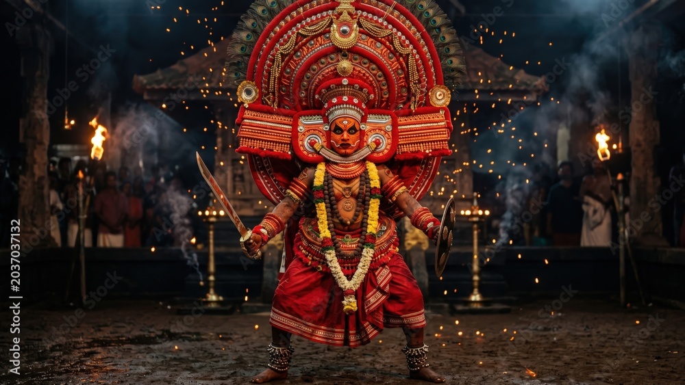 Fototapeta premium Ultra Realistic Kerala Theyyam Performer in Sacred Ritual Costume