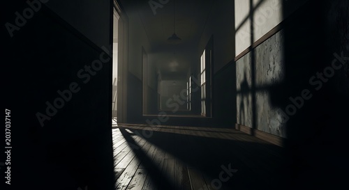 Dark Dimly Lit Corridor with Shadows and Natural Light Streaming Through Windows