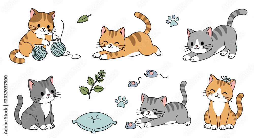 Fototapeta premium Set of cute cartoon kitten illustrations playing with yarn and toys, playful cat characters, feline stickers, vector collection for kids projects