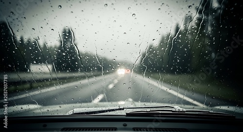 Rainy Road View Through Car Windshield During Stormy Weather