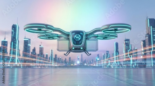 Futuristic drone over a modern city delivering a package with digital lines