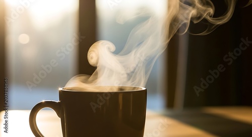 Hot Steaming Coffee Mug in Warm Light Morning Scene