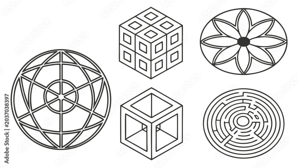 Fototapeta premium Vector illustration of abstract 3D geometric structures and intricate maze patterns with geometric, abstract