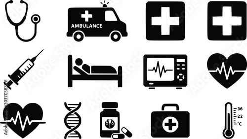 A collection of medical icons on a white background