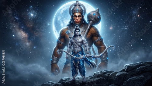 Moonlit Shri Ram and Hanumanji Celestial Fantasy Artwork