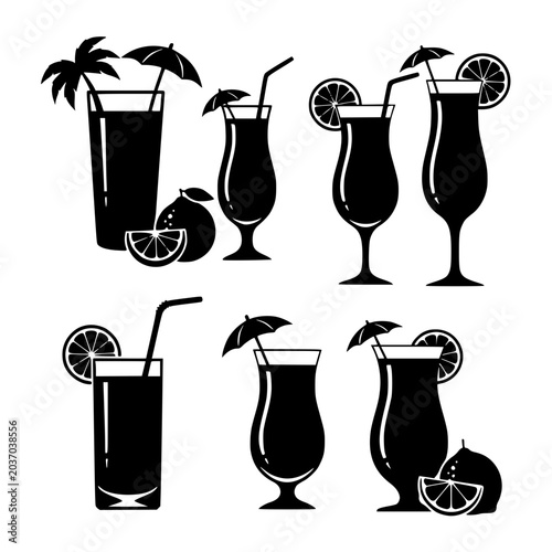 Set of tropical cocktail silhouettes with straws umbrellas and citrus fruit