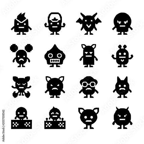 Set of Sixteen Pixel Art Monster and Alien Silhouette Icons