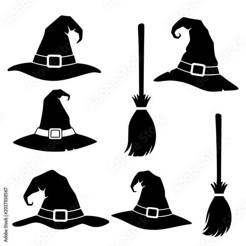 Set of witch hats and brooms silhouettes for Halloween design