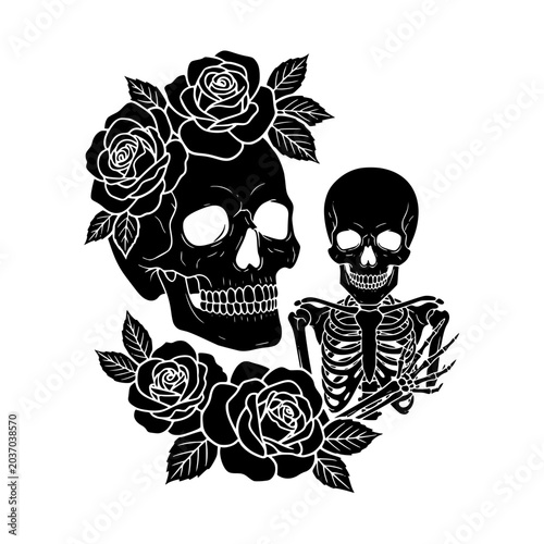 Skull and Skeleton with Roses Gothic Silhouette Illustration