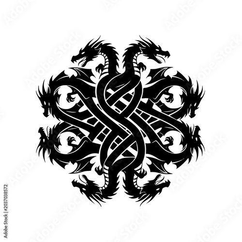 Symmetrical Intertwined Dragon Knot Tribal Tattoo Design Vector Illustration