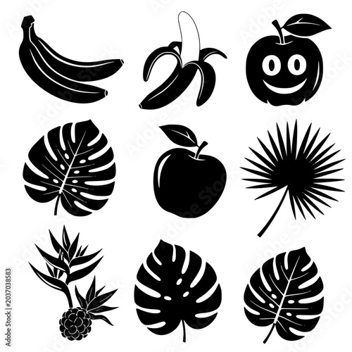 Tropical Fruits and Exotic Leaves Black Vector Silhouette Icon Set