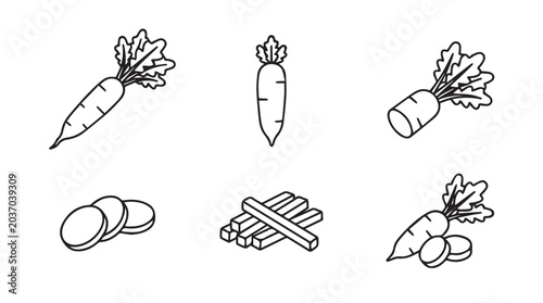 Daikon radish vegetable line art icon set including whole root slices and sticks with vegetable ingredient illustration monochrome collection isolated nutrition vegetarian agriculture