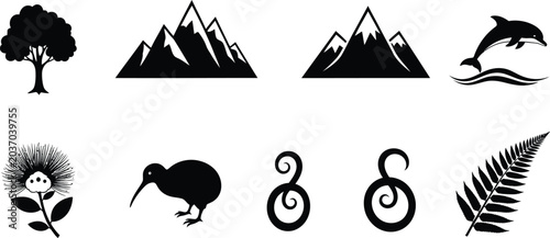 New zealand iconography collection black silhouette illustrations of flora fauna and landscapes