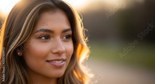 Smiling young woman with long hair.