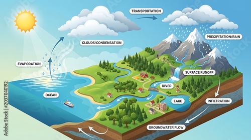 Water Cycle Diagram Evaporation, Condensation, Precipitation, Runoff, and Infiltration