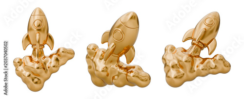 Fotografie Rocket spaceship shuttle smoke cloud exhaust gold golden metallic shiny luxury, launch startup boost skyrocket innovation technology growth achievement, business collection set, 3d illustration