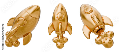 Foto Rocket spaceship spacecraft shuttle gold golden metallic shiny luxury, launch startup boost skyrocket innovation technology growth success business, investment collection set, 3d illustration