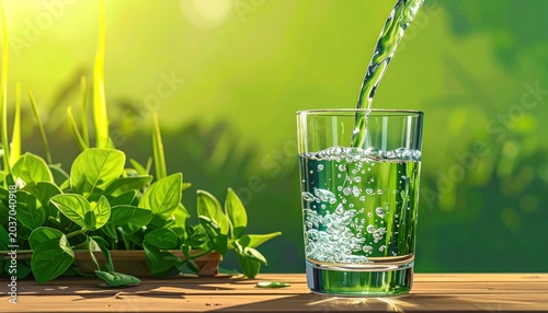 Fresh water pouring into glass outdoors.
